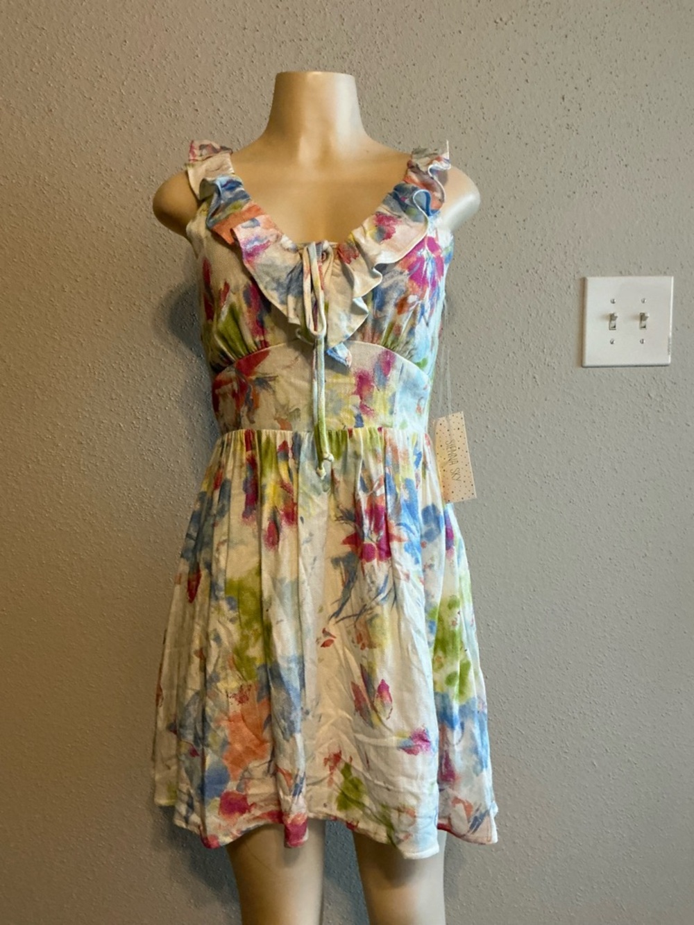 Sienna Sky Watercolor Floral Tiered Dress in Blue, Pink, Green, Cream